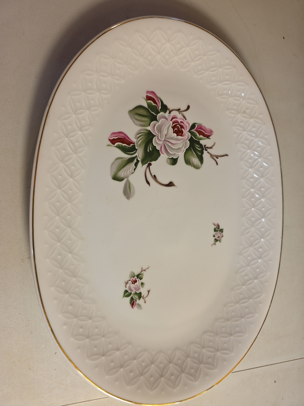 Porcelain Floral Serving Platter - White with Pink & Green Rose Design